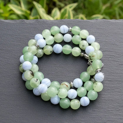 Bracelet triple tour et collier en Prehnite et Agate bleue (COLBR23-52)