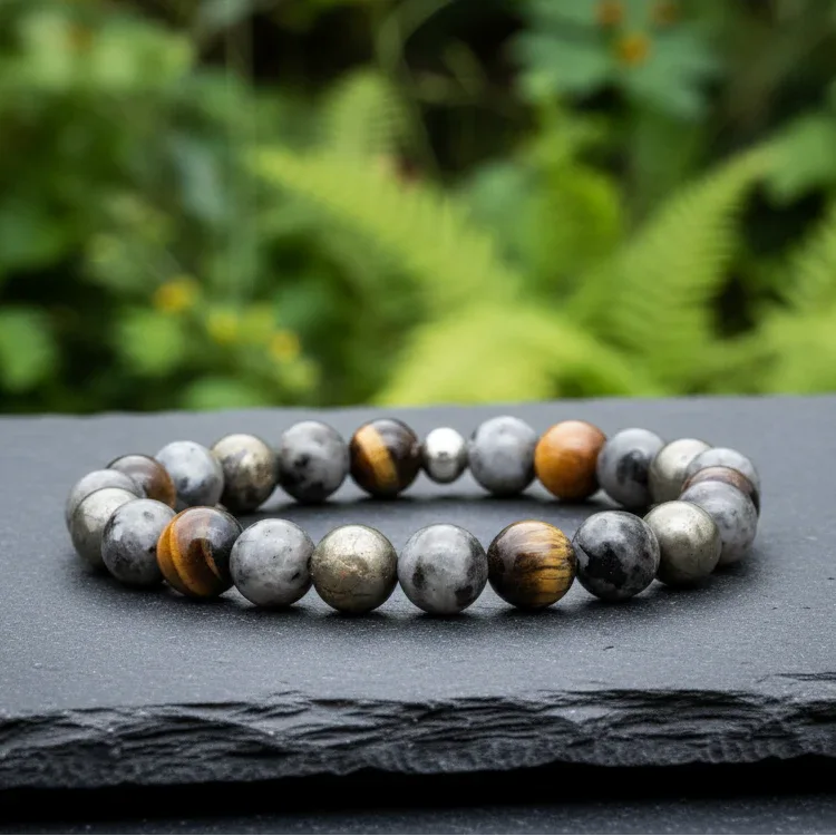 Bracelet en Œil de Tigre, Larvikite et Pyrite