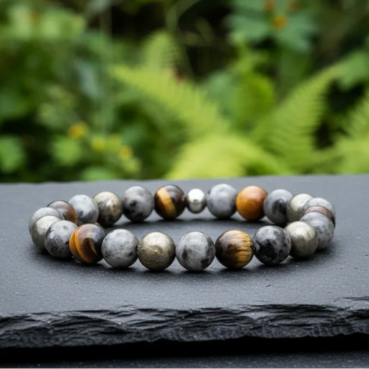 Bracelet en Œil de Tigre, Larvikite et Pyrite