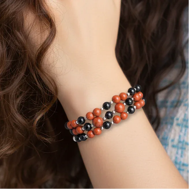 Bracelet triple tour et collier en Jaspe rouge et Hypersthène (COLBR23-55)