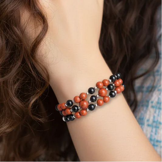 Bracelet triple tour et collier en Jaspe rouge et Hypersthène (COLBR23-55)