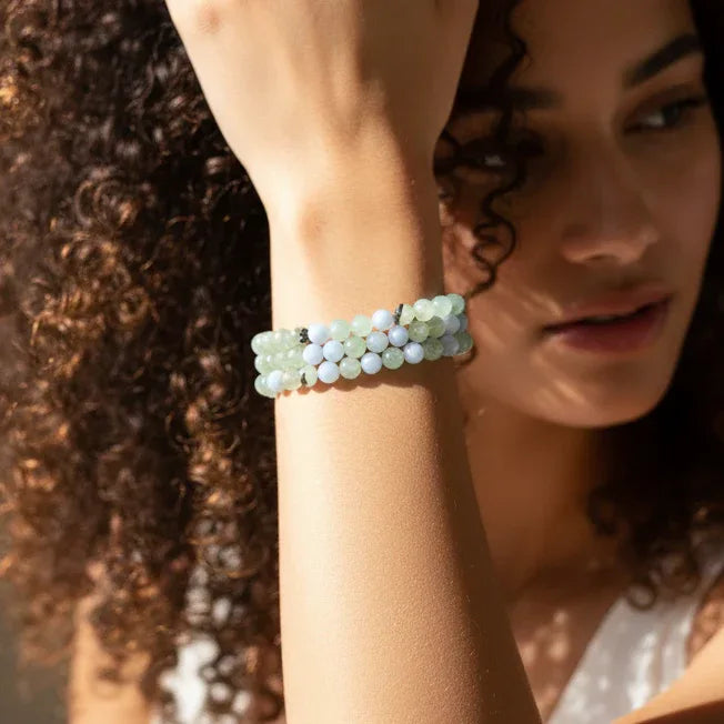 Bracelet triple tour et collier en Prehnite et Agate bleue (COLBR23-52)