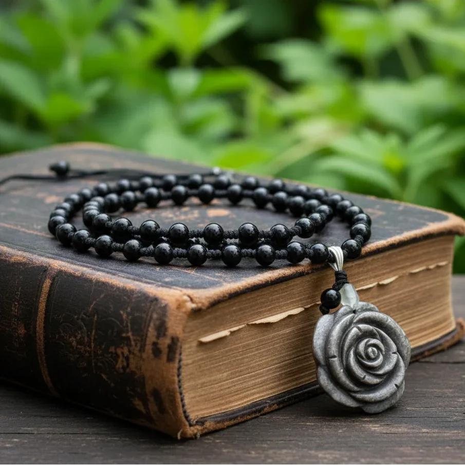 Collier style Mala Fleur en Obsidienne noire et argentée (COL23-45)