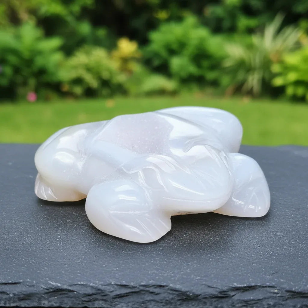 Grenouille en Calcédoine grise avec dos cristallisé 67g (PRGFL539-2)