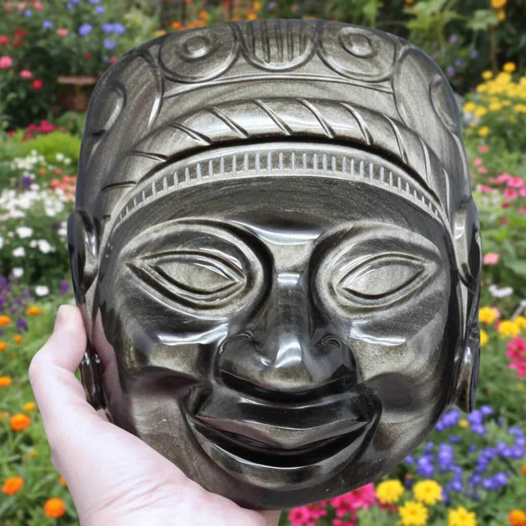 Tête masque Maya en Obsidienne dorée 2177g (PRGFL705)