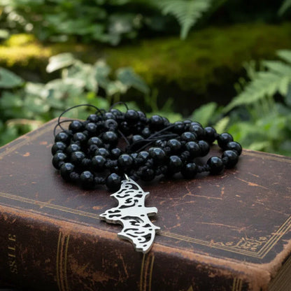 Collier style Mala en Obsidienne noire et sa chauve-souris (COL23-50)