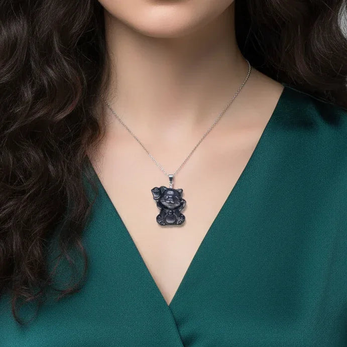 Pendentif chat porte-bonheur en Obsidienne argentée (PE1294-14)