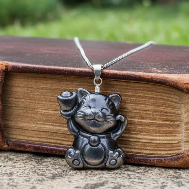 Pendentif chat porte-bonheur en Obsidienne argentée (PE1294-14)
