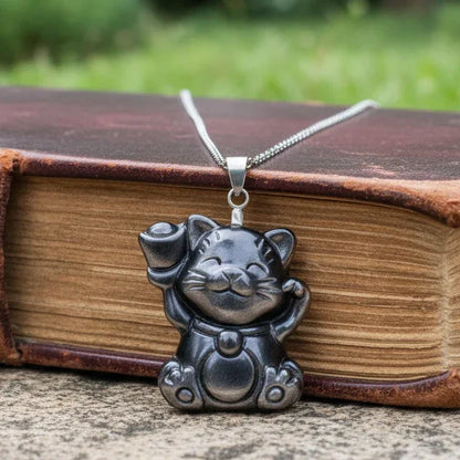 Pendentif chat porte-bonheur en Obsidienne argentée (PE1294-14)