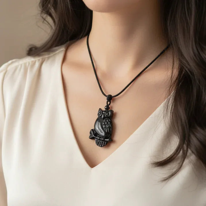 Pendentif chouette sur sa branche en Obsidienne noire (PE1296-7)