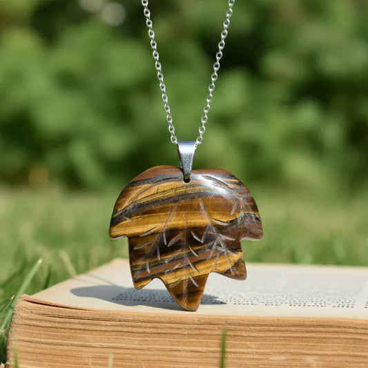 Pendentif feuille sculptée feuille Œil de Tigre (PE1219-2)