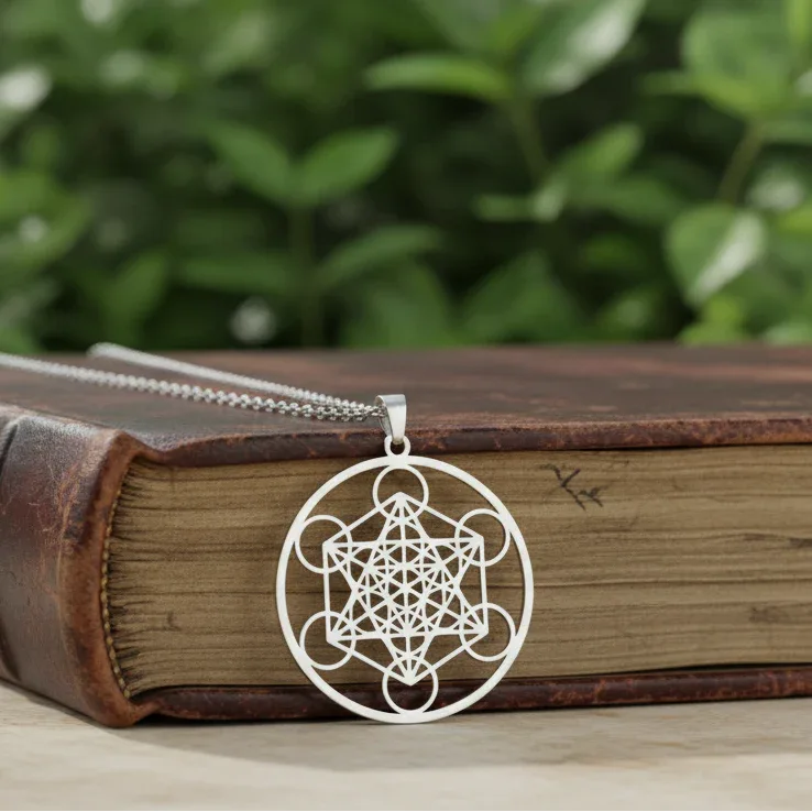 Pendentif Cube de Metatron en acier inoxydable argenté