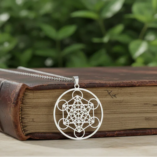 Pendentif Cube de Metatron en acier inoxydable argenté