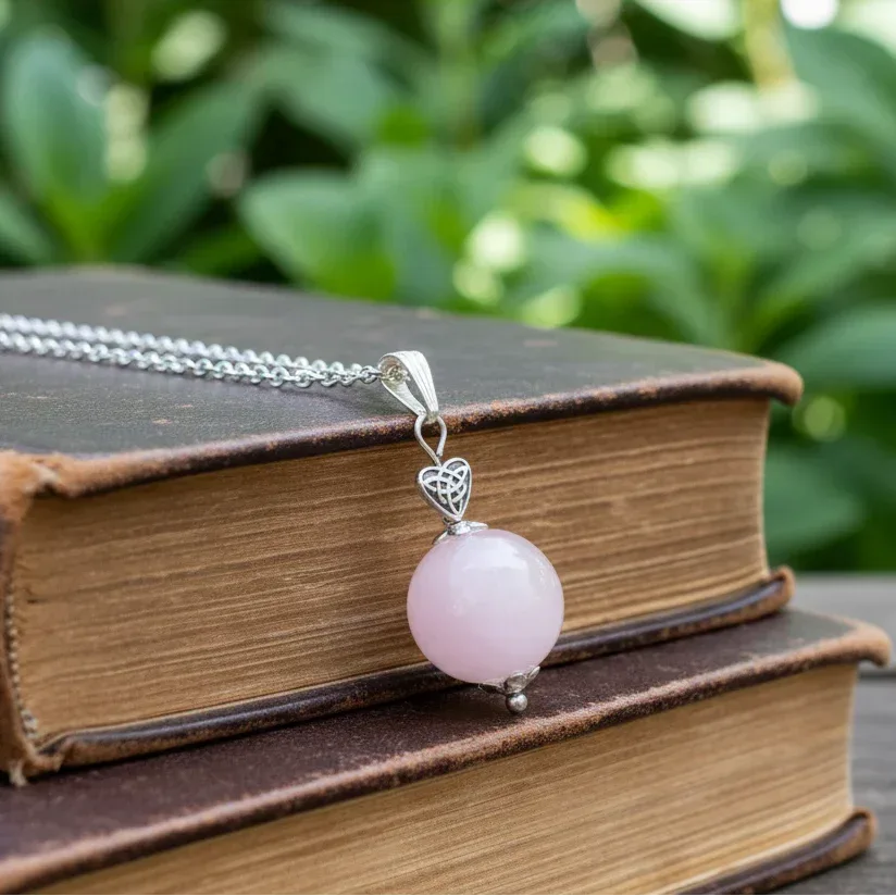 Pendentif perle en Quartz rose et cœur (PE2039)