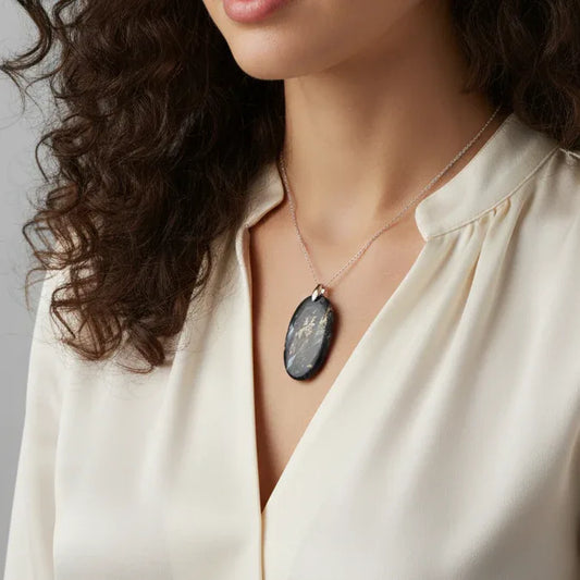 Pendentif en Racine de palmier fossile et Chalcopyrite (PE1447)