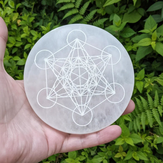 Plaque en Sélénite avec Cube de Metatron gravé 250g