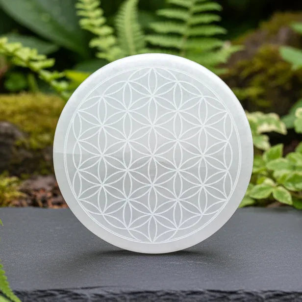 Plaque en Sélénite avec Fleur de Vie gravée 250g
