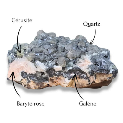 Quartz, Cérusite, Baryte rose et Galène brut 219g (MB545)