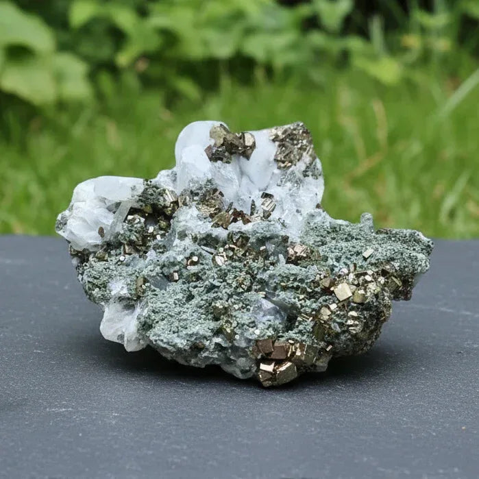 Quartz, Chlorite, Calcite et Pyrite bruts 43g (MB478)