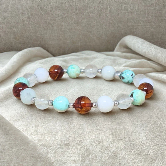 Bracelet en Ambre, Turquoise, Topaze et Célestine