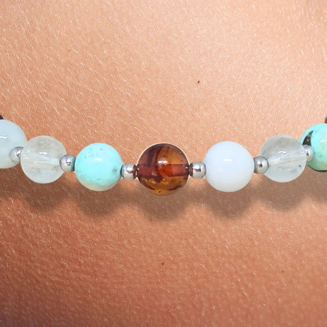 Bracelet en Ambre, Turquoise, Topaze et Célestine