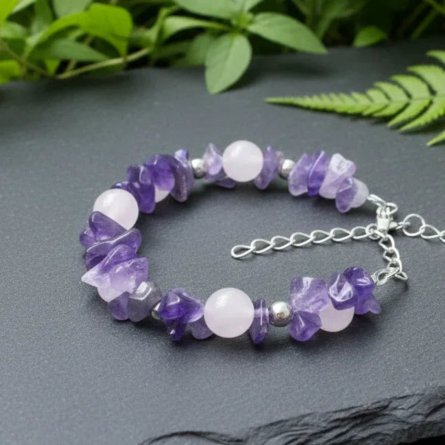 Bracelet tissé en Quartz rose et Améthyste