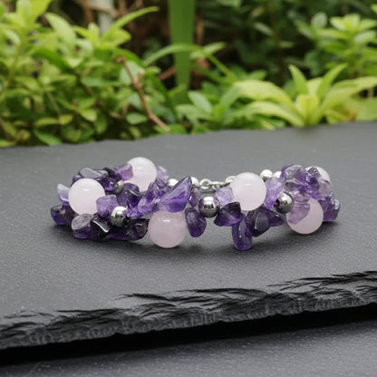 Bracelet tissé en Quartz rose et Améthyste