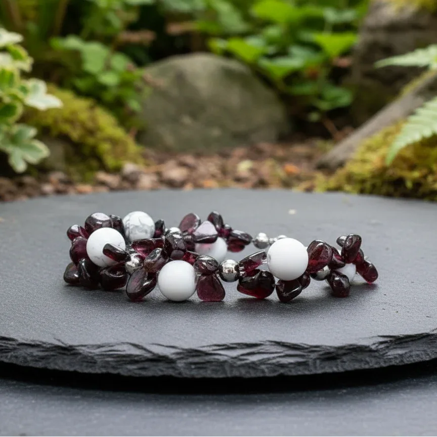 Bracelet tissé en Howlite et Grenat