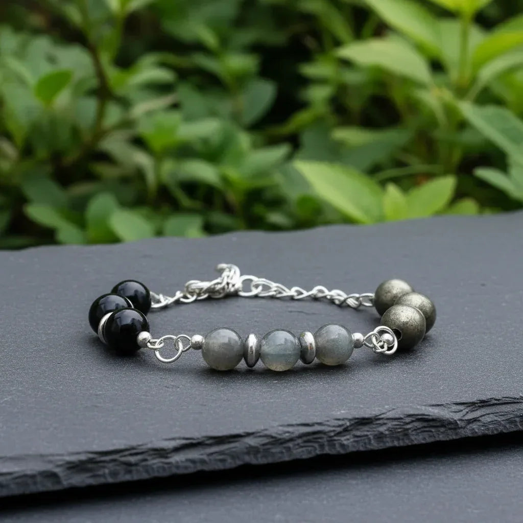 Bracelet en perles de Labradorite, Obsidienne Œil céleste et Pyrite