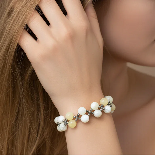 Bracelet tissé en Calcite jaune et Nacre