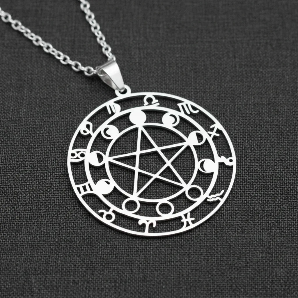 Pendentif Pentacle, Lune et astrologie en acier inoxydable - ENAE Minéraux