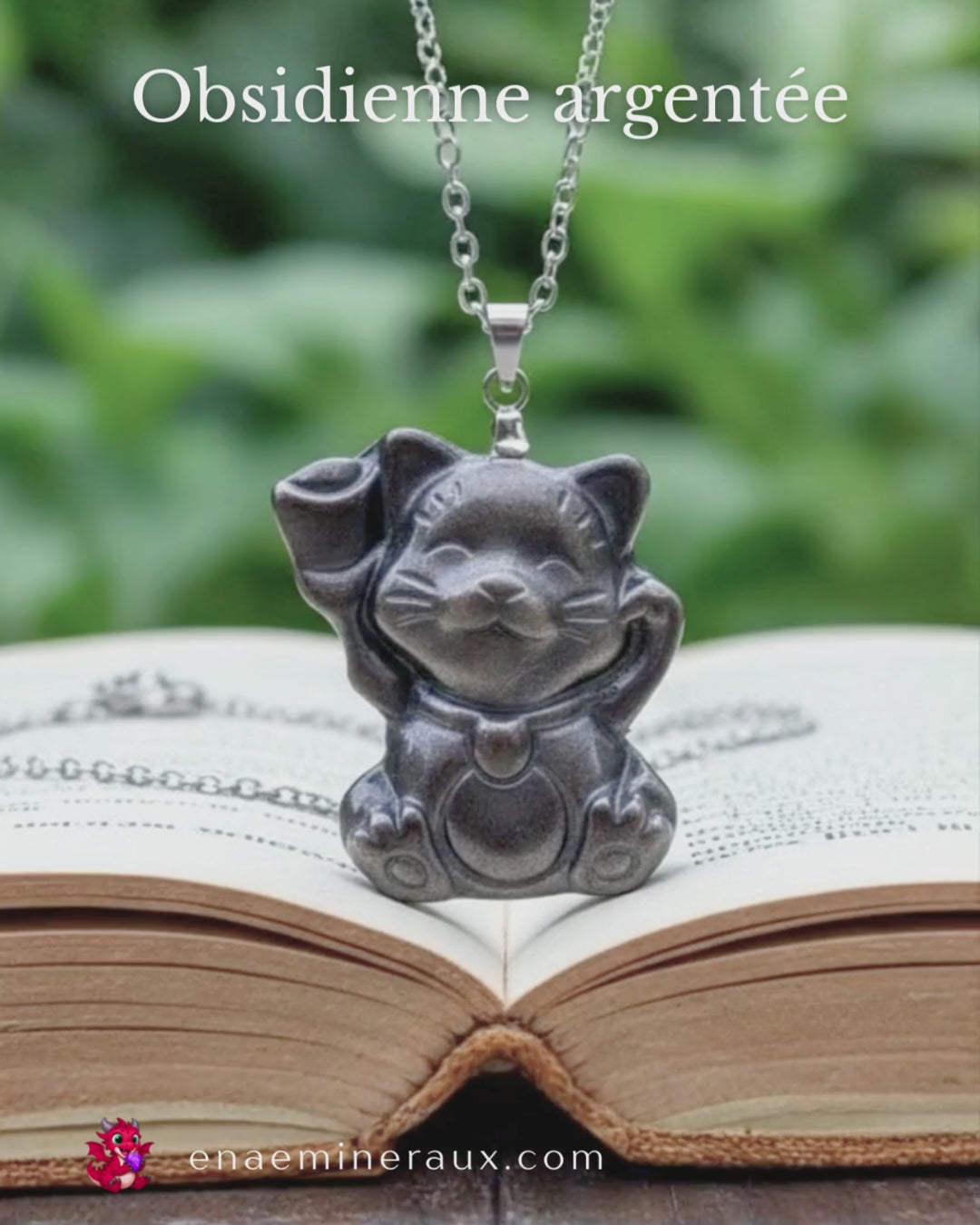 Pendentif Chat porte bonheur Obsidienne argentée